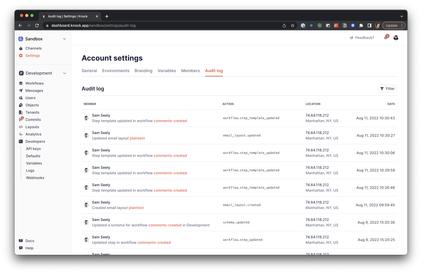 Viewing audit logs in the dashboard